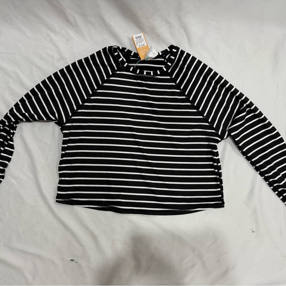 Kona Sol Women’s UPF 50+ Striped Rash Guard Swim Top Black White Size M NWT